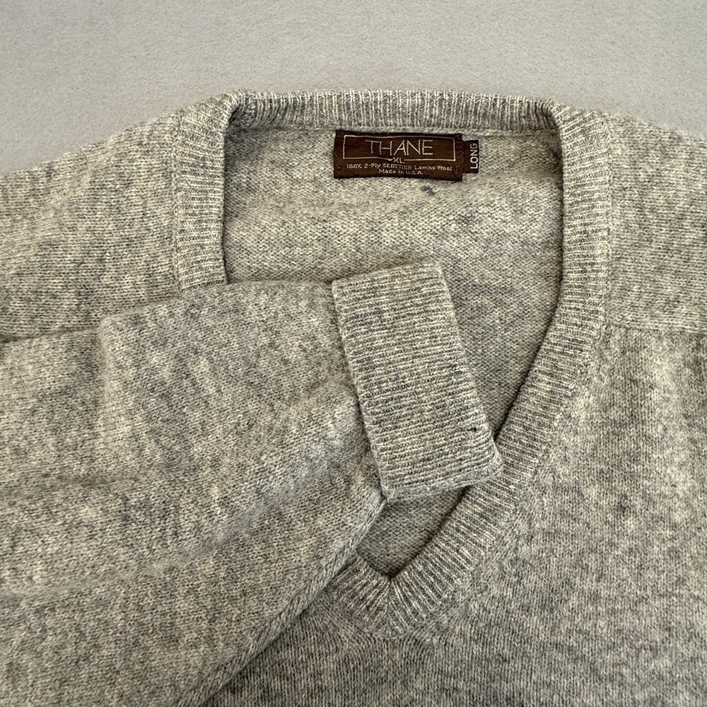 Vintage Thane USA Made‎ Sweater Mens XL Long 100% Scottish Lambswool V-Neck Tan
